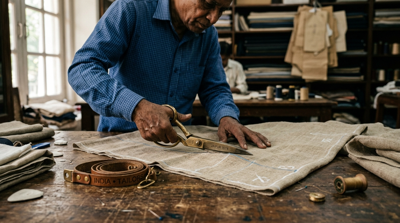 Master tailor cutting raw linen at traditional workbench