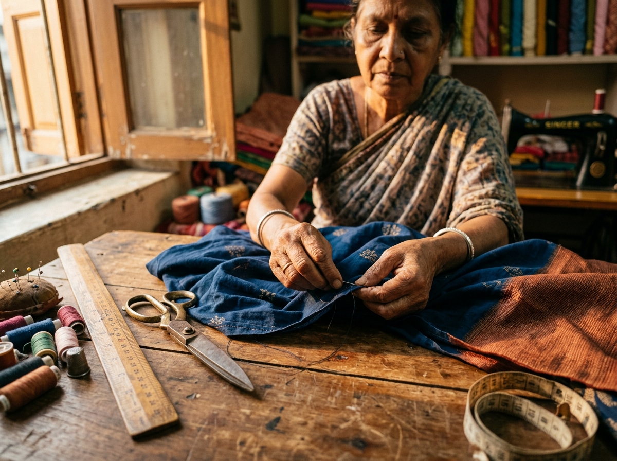 Artisan hands stitching fabric in warm ambient light